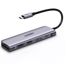 Adapter 6w1 UGREEN CM195 Hub USB-C do 2x USB 3.0, HDMI, SD/microSD, 100W (szary)