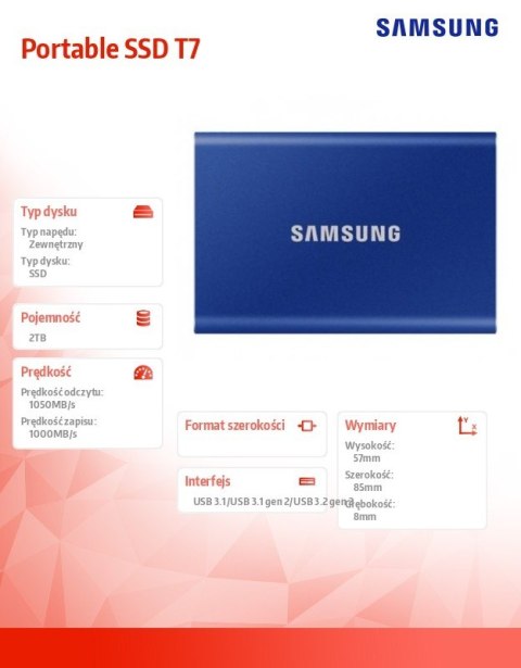 Samsung Dysk SSD Portable T7 2TB USB 3.2 GEN.2 BLUE
