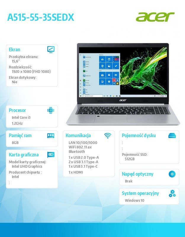 Acer Notebook A515-55-35SEDX REPACK WIN10/i3-1005G1/8GB/512SSD/UHD/15.6FHD