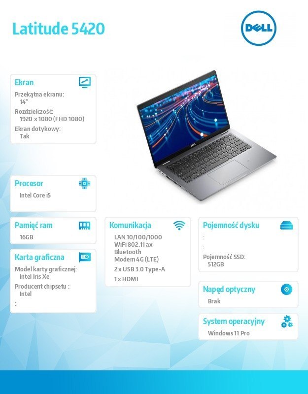 Dell Notebook Latitude 5420 Win11Pro i5-1145G7/16GB/512GB SSD/14.0" FHD Touch/Intel Iris Xe/ThBlt & FgrPr & SmtCd/Cam & Mic/WLAN + BT