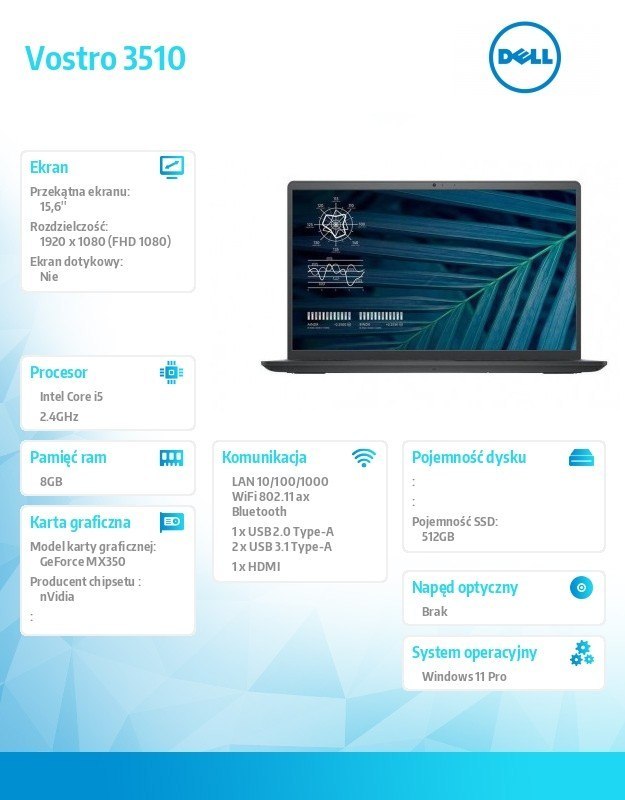 Dell Notebook Vostro 3510 Win11Pro i5-1135G7/8GB/512GB SSD/15.6 FHD/GeForce MX 350/FgrPr/Cam & Mic/WLAN + BT/Backlit Kb/3 Cell/3Y BWO