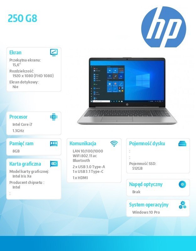 HP Inc. Notebook 250 G8 i7-1165G7 512/8G/W10P/15,6 3V5P2EA
