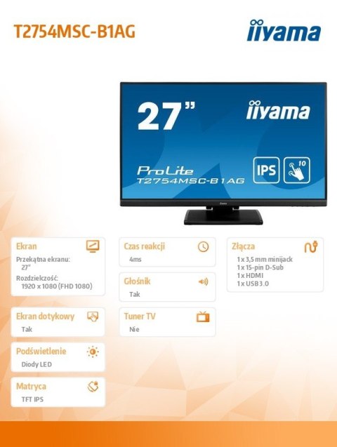 IIYAMA Monitor 27 cali T2754MSC-B1AG pojemnościowy 10PKT IPS powłoka AG