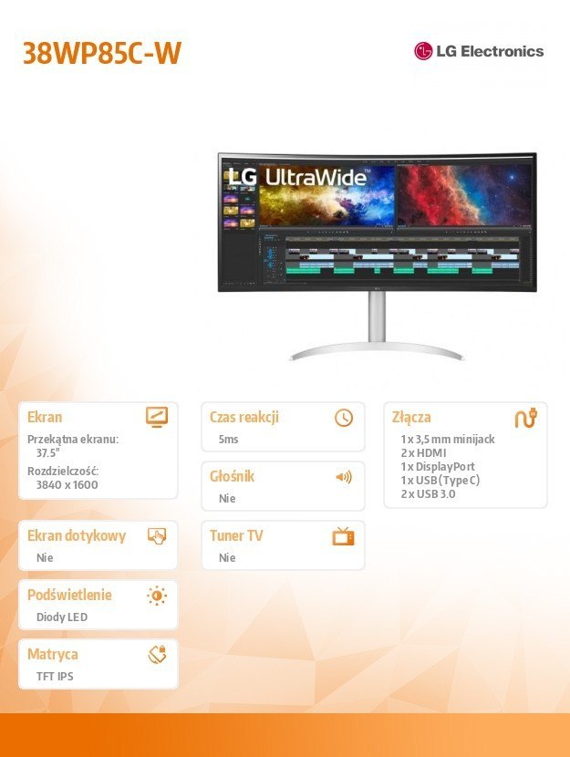 LG Electronics Monitor 38WP85C-W 37.5 cala QHD+ UltraWide 21:9 FreeSync