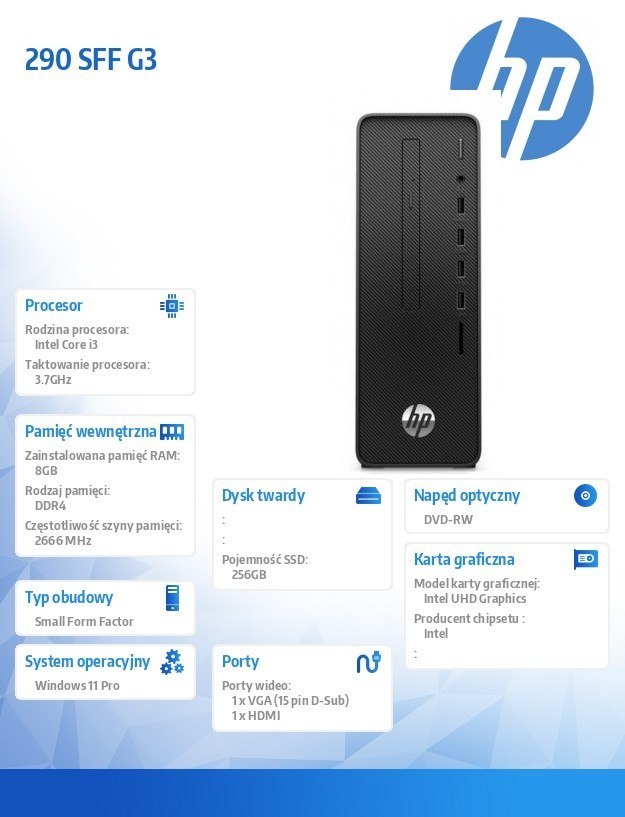 HP Inc. Komputer 290 SFF G3 i3-10105 256/8GB/DVD/W11P 6B223EA