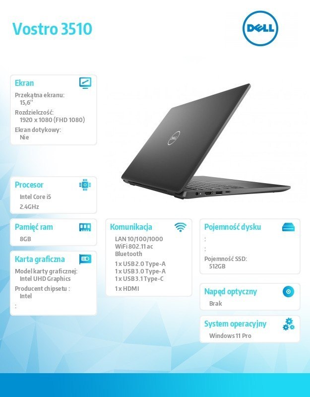 Dell Notebook Vostro 3510 Win11Pro i5-1135G7/8GB/512GB SSD/15.6 FHD/Intel UHD/FgrPr/Cam & Mic/WLAN + BT/Backlit Kb/3 Cell/3Y BWOS