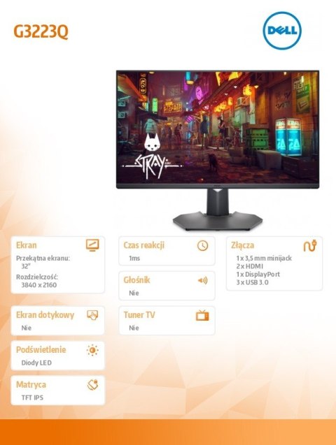 Dell Monitor G3223Q 32 cali FreeSync 144Hz IPS LED 4K (3840x2160)/16:9/DP/2xHDMI/USB-B/USB/3Y AES&PPE