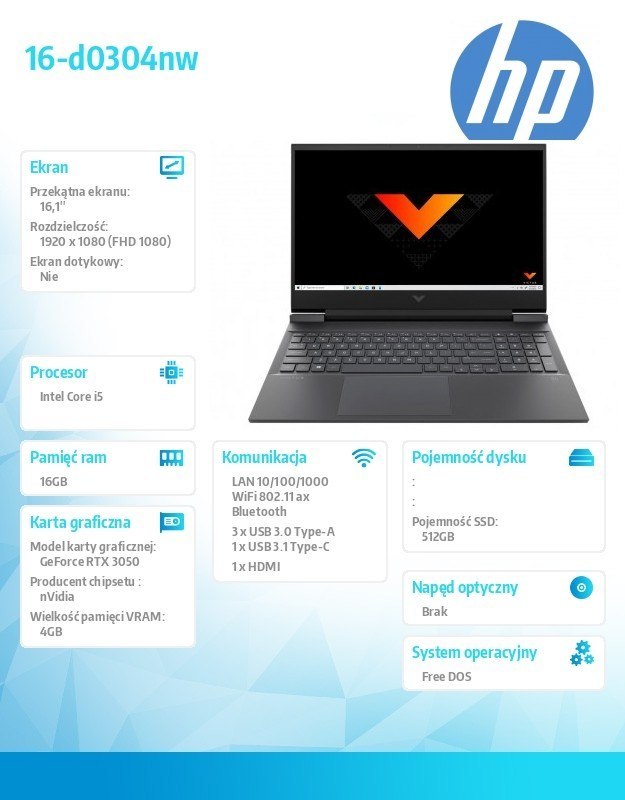 HP Inc. Notebook Victus 16-d0304nw DOS/16.1 i5-11400/512GB/16GB 4H359EA
