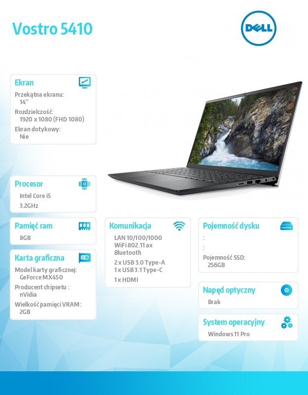 Dell Notebook Vostro 5410 Win11Pro i5-11320H/256GB/8GB/GeForce MX450/14.0 FHD/FPR/KB-Backlit/54WHR/3Y BWOS