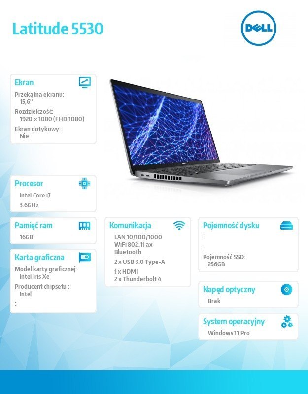 Dell Notebook Latitude 5530/Core i7-1265U/16GB/256GB SSD/15.6 FHD/Intel Iris Xe/ThBlt & FgrPr & SmtCd/IR Cam/Mic/WLAN+BT/Backlit Kb/4