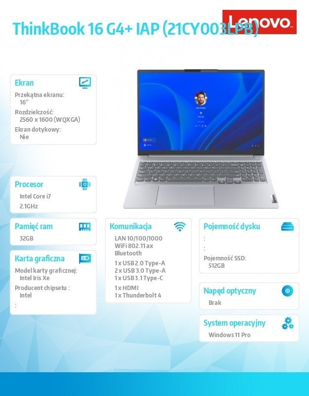 Lenovo Laptop ThinkBook 16 G4+ 21CY003LPB W11Pro i7-1260P/32GB/512GB/INT/16.0 WQXGA/Arctic Grey/3YRS OS