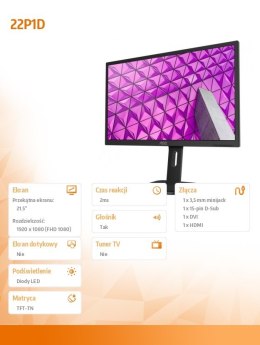 AOC Monitor 21.5 22P1D LED DVI HDMI Pivot Głośniki