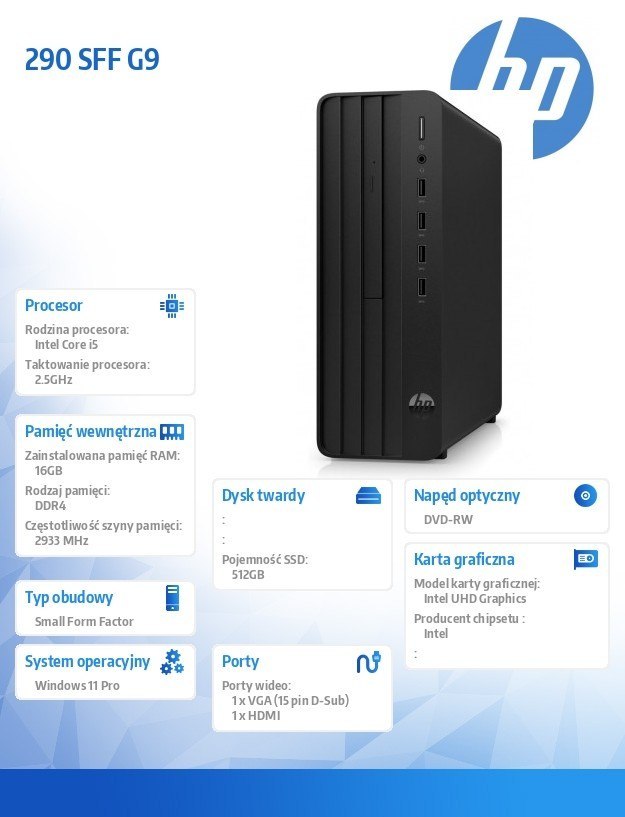 HP Inc. Komputer 290SFF G9 i5-12400 512GB/16GB/DVD/W11P 6D324EA