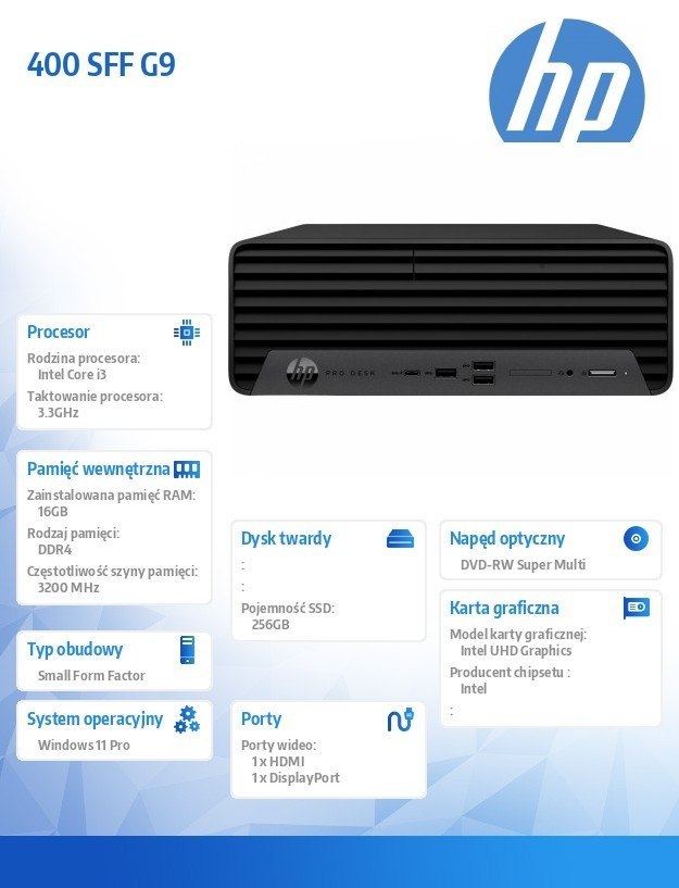 HP Inc. Komputer 400 SFF G9 i3-12100 256GB/16GB/DVD/W11P 6A828EA