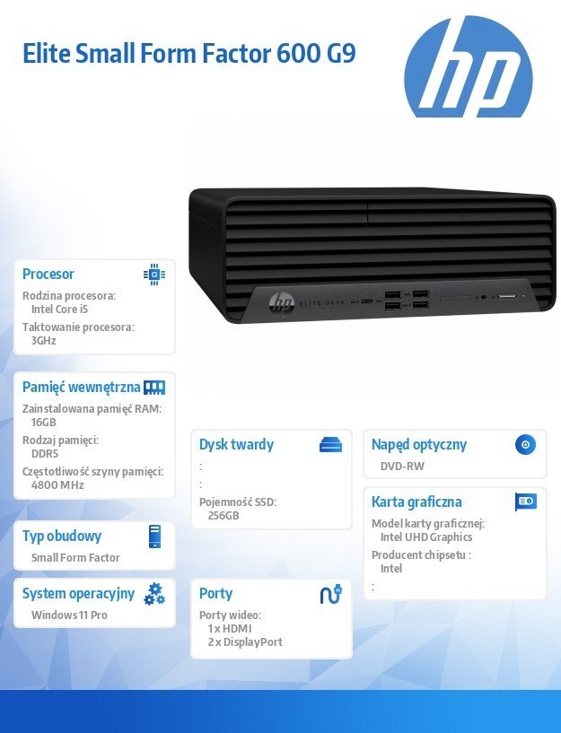 HP Inc. Komputer 600 SFF G9 i5-12500 256/16/DVD/W11P 6A816EA