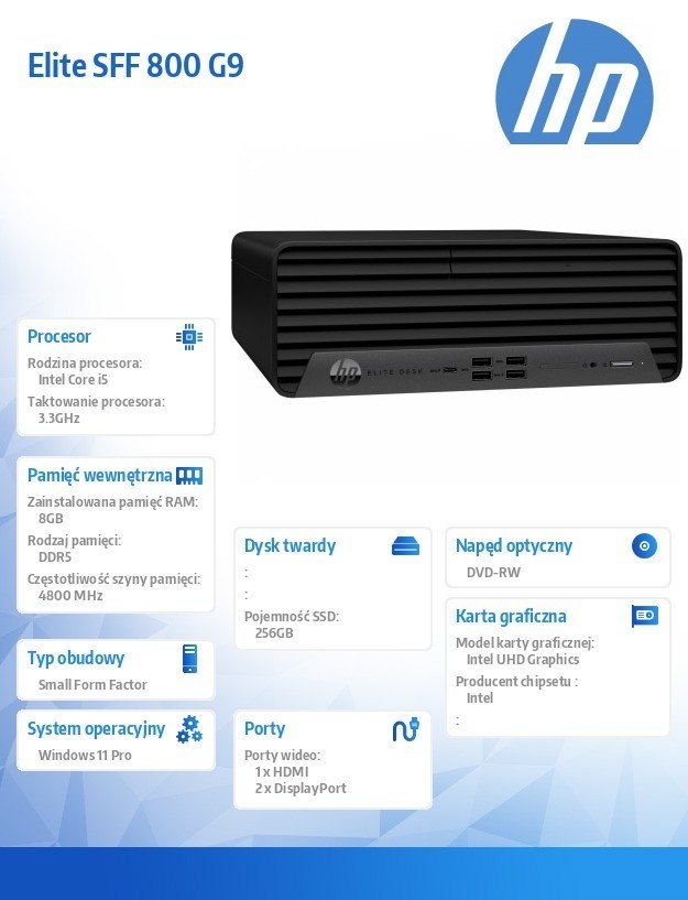 HP Inc. Komputer Elite 800 SFF G9 i5-12600 256GB/8GB/DVD/W11P 5V8T6EA
