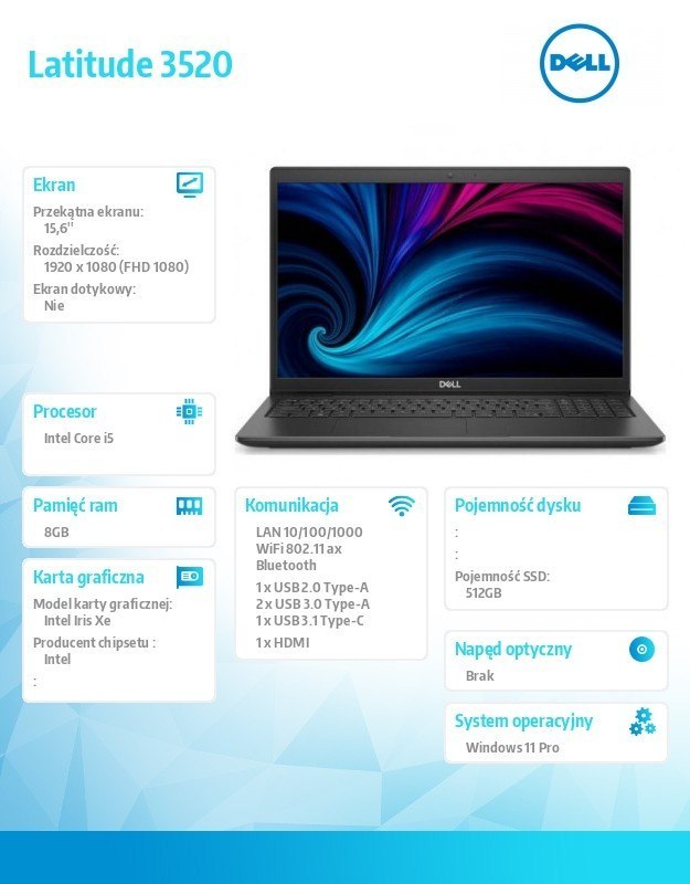 Dell Notebook Latitude 3520 Win11Pro i5-1135G7/512GB/8GB SSD/15.6 FHD/Intel Iris Xe/FgrPR/CAM & Mic/WLAN + BT/Backlit Kb/4 Cell/3Y Pr