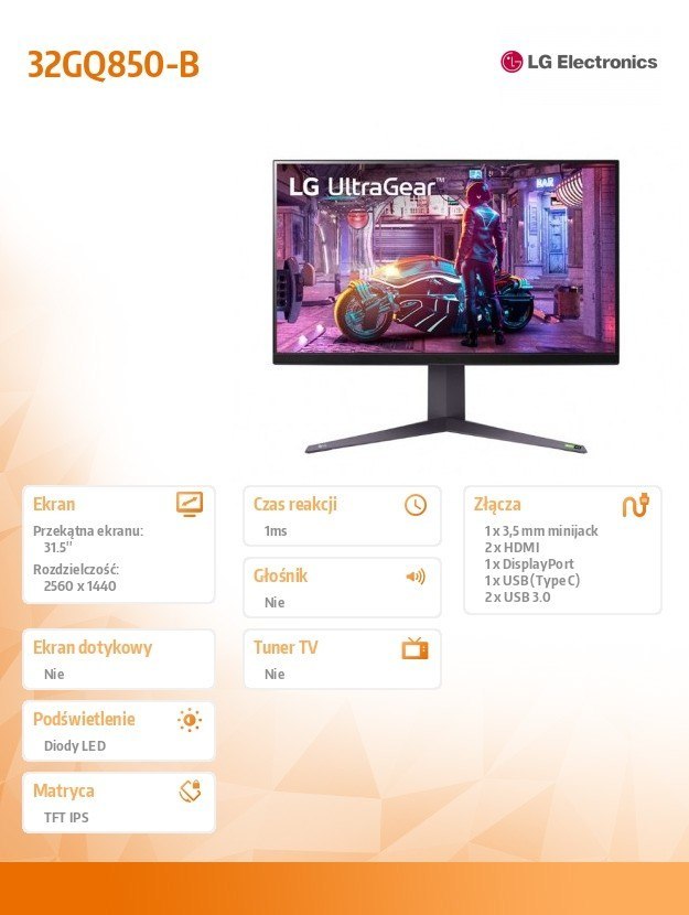 LG Electronics Monitor gamingowy 32GQ850-B 32 cale QHD Nano IPS UltraGear 240Hz