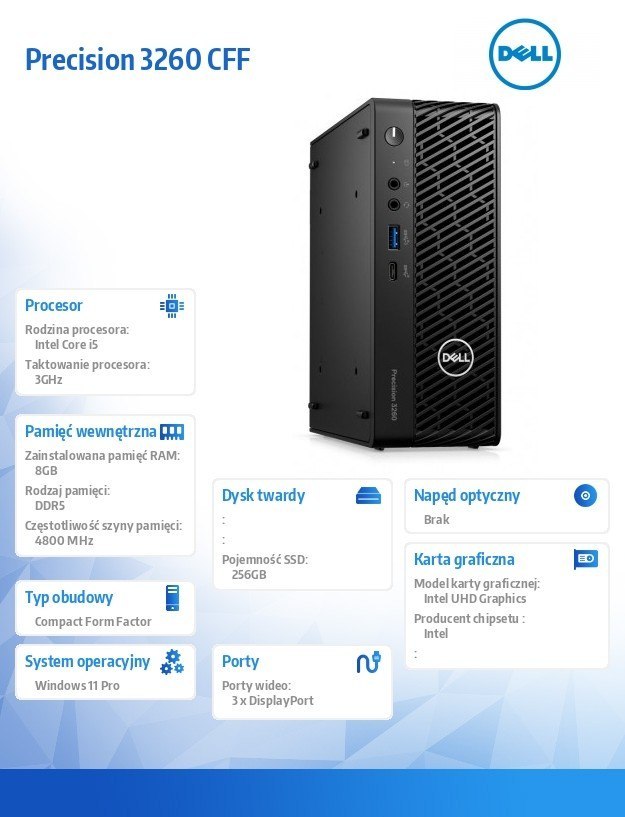 Dell Stacja robocza Precision 3260 W11Pro i5-12500/8GB/256GB SSD/Integrated/Kb/Mouse/vPro/3Y ProSupport