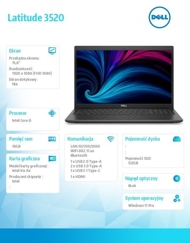 Dell Notebook Latitude 3520 Win11Pro i5-1135G7/16GB/512GB SSD/15.6 FHD/Intel Iris Xe/FgrPR/CAM & Mic/WLAN + BT/Backlit Kb/4 Cell/3Y P