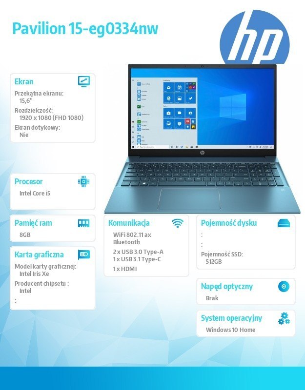 HP Inc. Notebook Pavilion 15-eg0334nw W10H/15.6 i5-1135G7/512GB/8GB 4H3T4EA