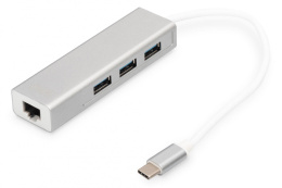 HUB/Koncentrator DIGITUS 3-portowy USB Typ C, USB A HighSpeed z Gigabit LAN aluminium
