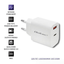 Ładowarka sieciowa Qoltec 18W | 5-12V | 1.5-3A | USB typ C PD | USB QC 3.0 | Biała