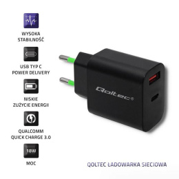 Ładowarka sieciowa Qoltec 18W | 5-12V | 1.5-3A | USB typ C PD | USB QC 3.0 | Czarna