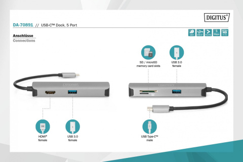 Stacja dokująca DIGITUS USB Typ C 5 portów 4K 30Hz HDMI 2x USB3.0 microSD SD/MMC srebrna