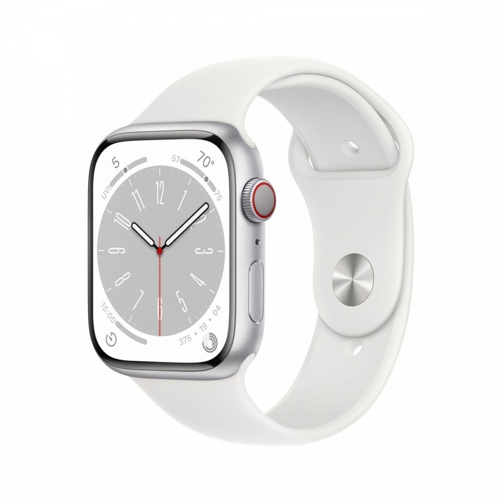 Apple Watch Series 8 GPS + Cellular, 45 mm Koperta z aluminium w kolorze srebrnym z paskiem sportowym w kolorze białym - regular