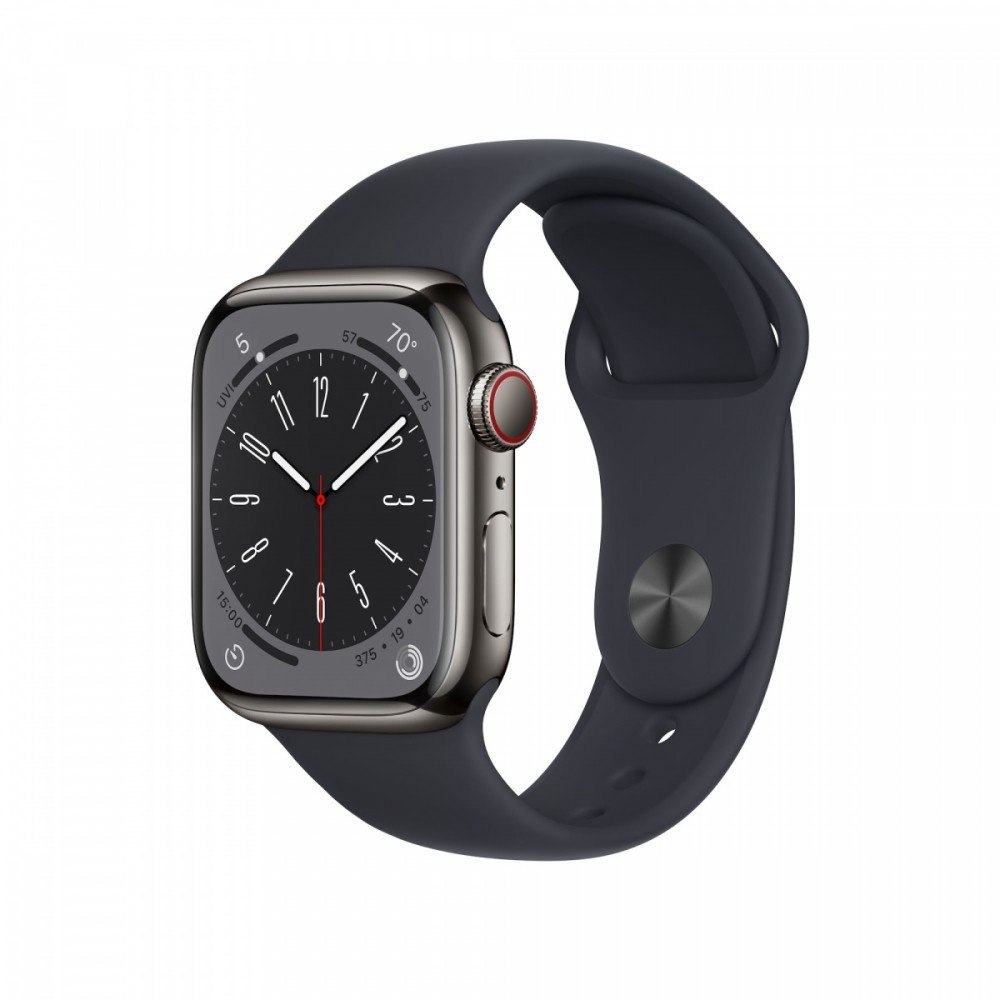Apple Watch Series 8 GPS + Cellular, 41 mm Koperta ze stali nierdzewnej w kolorze grafitowym z paskiem sportowym w kolorze północy - r