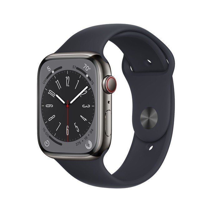 Apple Watch Series 8 GPS + Cellular, 45 mm Koperta ze stali nierdzewnej w kolorze grafitowym z paskiem sportowym w kolorze północy - r