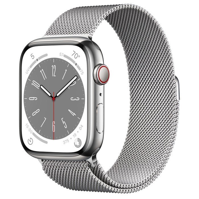 Apple Watch Series 8 GPS + Cellular, 45 mm Koperta ze stali nierdzewnej w kolorze srebrnym z bransoletą mediolańską w kolorze srebrnym