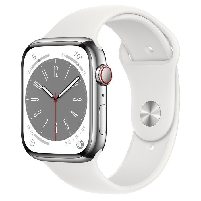 Apple Watch Series 8 GPS + Cellular, 45 mm Koperta ze stali nierdzewnej w kolorze srebrnym z paskiem sportowym w kolorze białym - regu