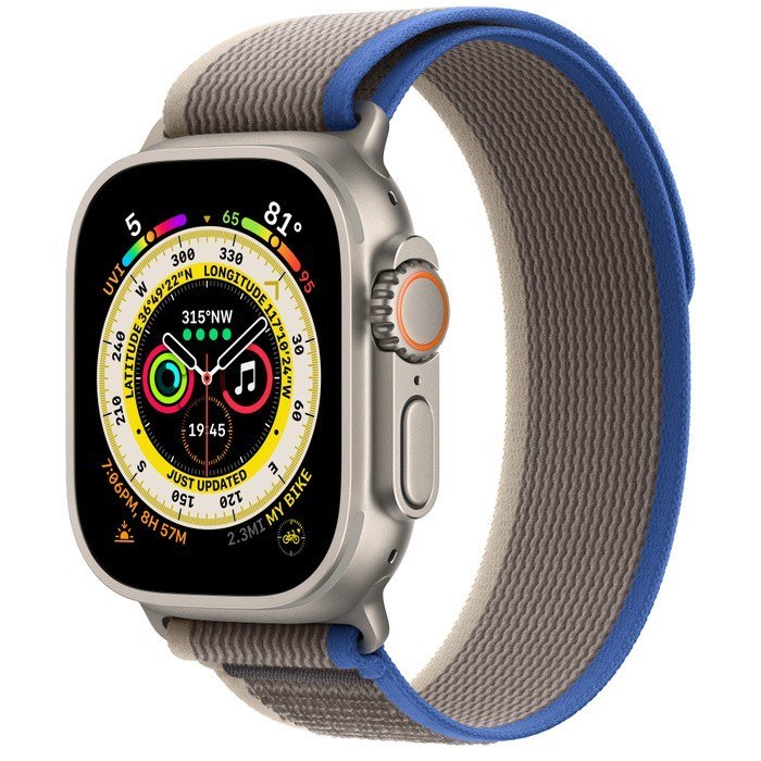 Apple Watch Ultra GPS + Cellular, 49 mm Koperta tytanowa z opaską Trail w kolorze niebieskim/żółtym - M/L