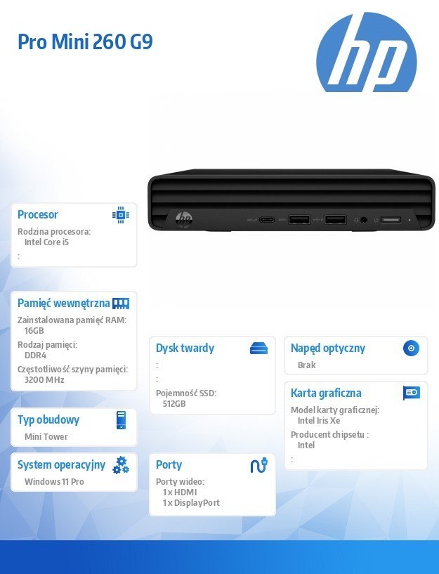 HP Inc. Komputer Pro Mini 260 DM G9 i5-1235U 512GB/16GB/W11P 6B2H8EA