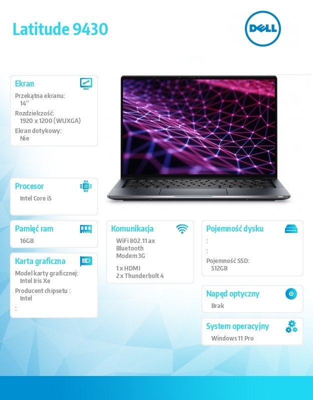 Dell Notebook Latitude 9430 Win11Pro i5-1245U/16GB/512GB SSD/14.0 FHD+/Intel Iris Xe/FgrPr/IR Cam/Mic/WWAN + BT/Backlit Kb/3 Cell/vPr