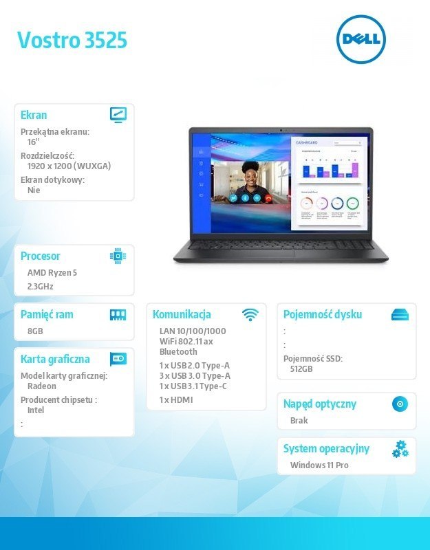 Dell Notebook Vostro 5625 Win11Pro Ryzen 5 5625U/8GB/512GB SSD/16.0 FHD+/AMD Radeon/FgrPr/WLAN + BT/Backlit Kb/4 Cell/3Y ProSupport