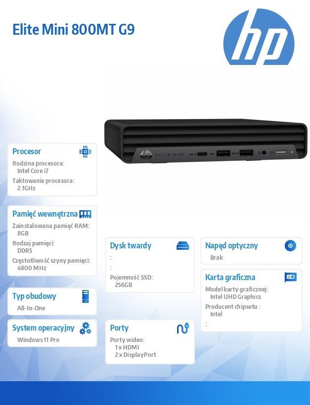 HP Inc. Komputer Elite Mini 800MT G9 i7-12700 256GB/8GB/W11P 5M992EA