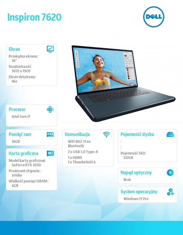 Dell Notebook Inspiron 7620 Win11Pro i7-12700H/512GB/16GB/RTX 3050/16.0 3K/KB-Backlit/Dark Green/2Y BWOS