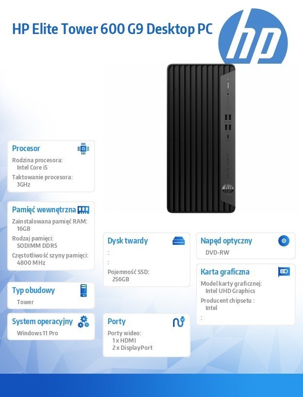 HP Inc. Komputer Elite 600TWR G9 i5-12500 256GB/16GB/DVD/W11P 6A819EA