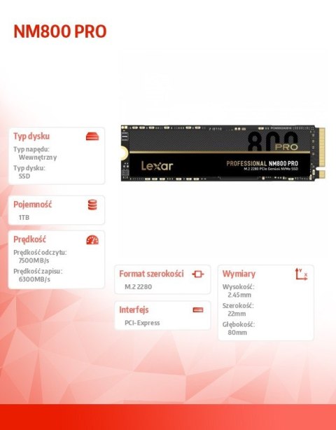 Lexar Dysk SSD NM800 PRO 1TB NVMe M.2 2280 7500/6300MB/s