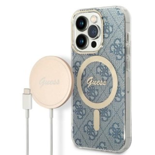 Zestaw Guess GUBPP14LH4EACSB Case+ Charger iPhone 14 Pro 6,1" niebieski/blue hard case 4G Print MagSafe