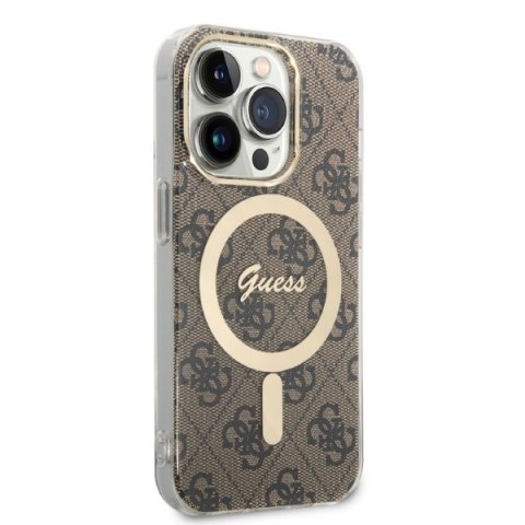 Zestaw Guess GUBPP14LH4EACSW Case+ Charger iPhone 14 Pro 6,1" brązowy/brown hard case 4G Print MagSafe