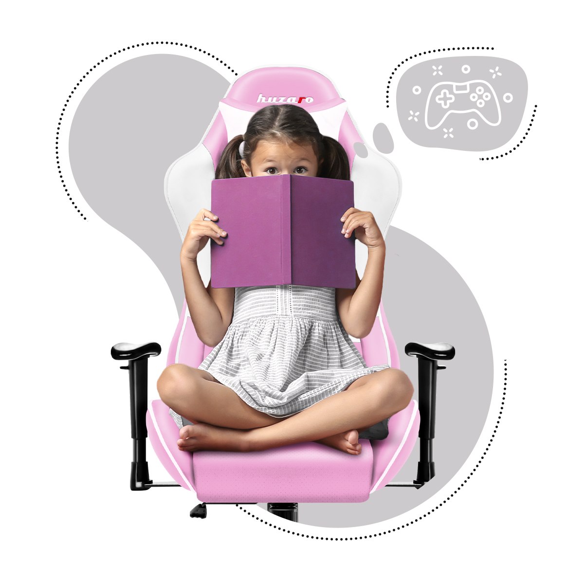 Fotel gamingowy dla dzieci Huzaro Ranger 6.0 Pink z dziewczynką trzymającą otwartą książkę
